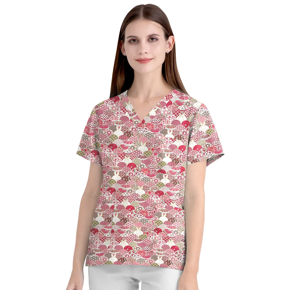 2024 Wholesale Stylish Lovely Printed Scrubs Top Shirt Nursing Uniform Set Medical Uniforms Women Scrub Sets