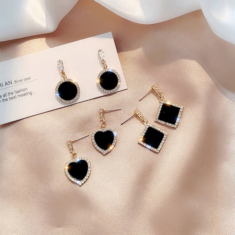 2021 Fashion Vintage  Women Accessories Diamond Black Exaggerate Gold Plated Geometric Stud Drop Earrings