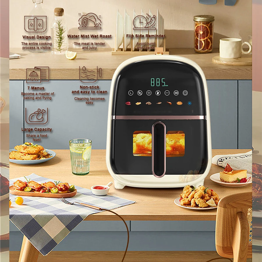 Oil Free 3D Spray Water Mist Led Display Touch Screen Digital Micro Jet Smart Air Fryers With Handle and Visible Window Basket