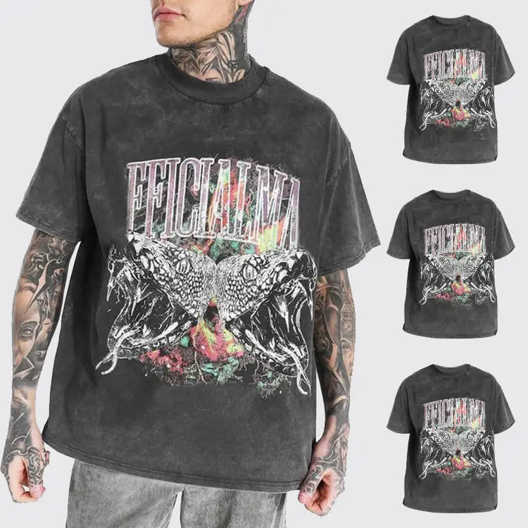 High Quality Custom Printed Short Sleeve Logo Oversized Thick 100% Cotton T-shirt 140-280Gsm Acid Washed Street Clothes Vintage