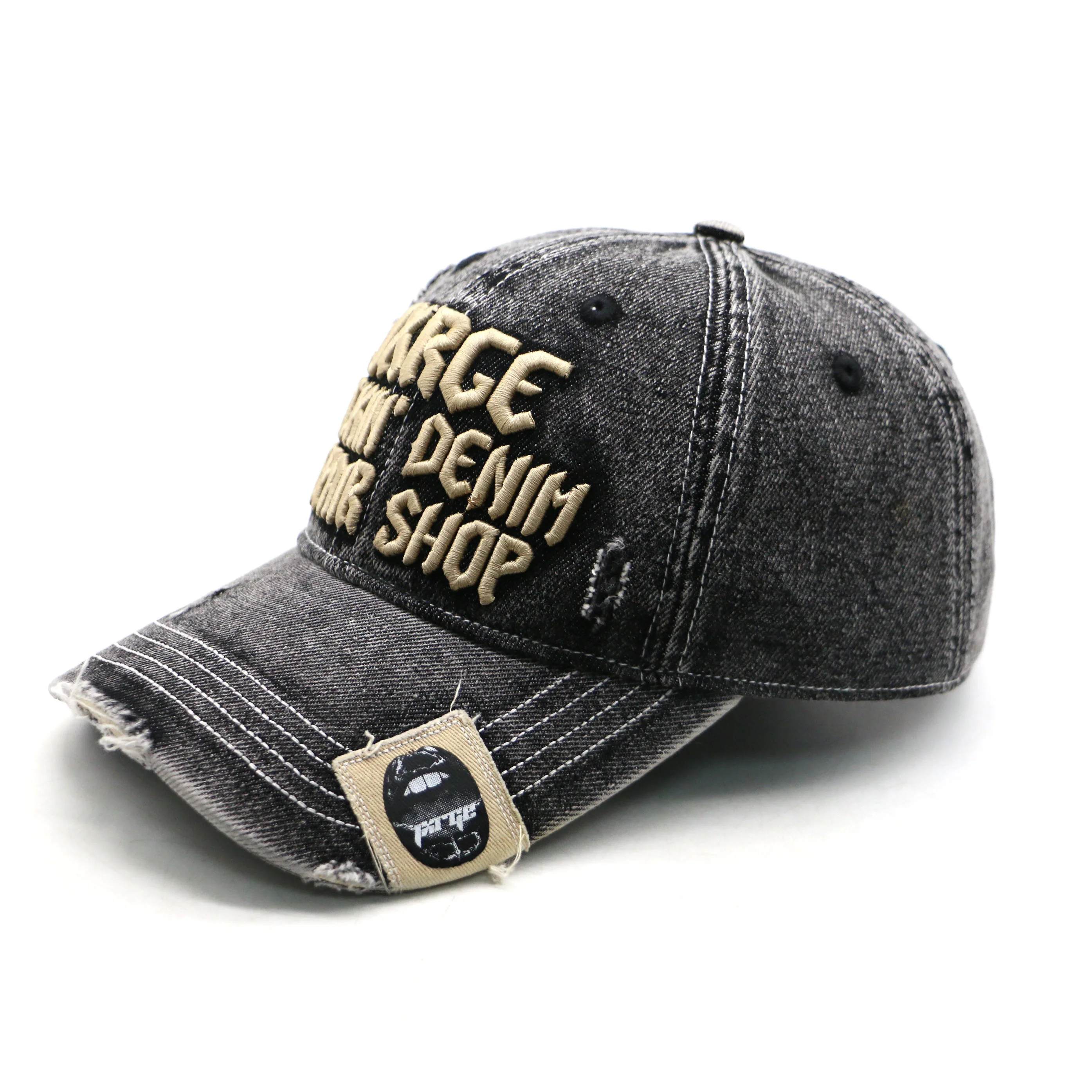 washed denim distressed 6 panel baseball hats curved brim adjustable strap with custom tag