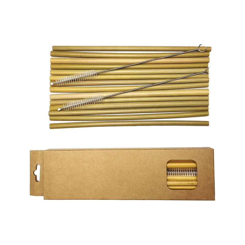 Low price wholesale stock large quality bamboo straw brush set 12 +1 straight or curved bamboo straw set