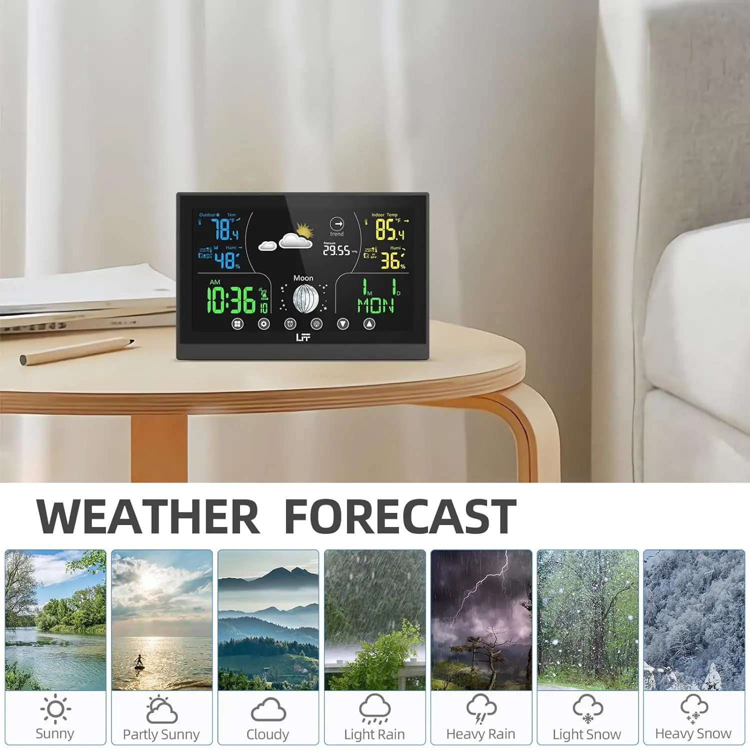 Only USA Modern Plastic Anniversary Wall Alarm Clock Wireless Date/Temperature/humidity Display Weather Forecast Weather Station
