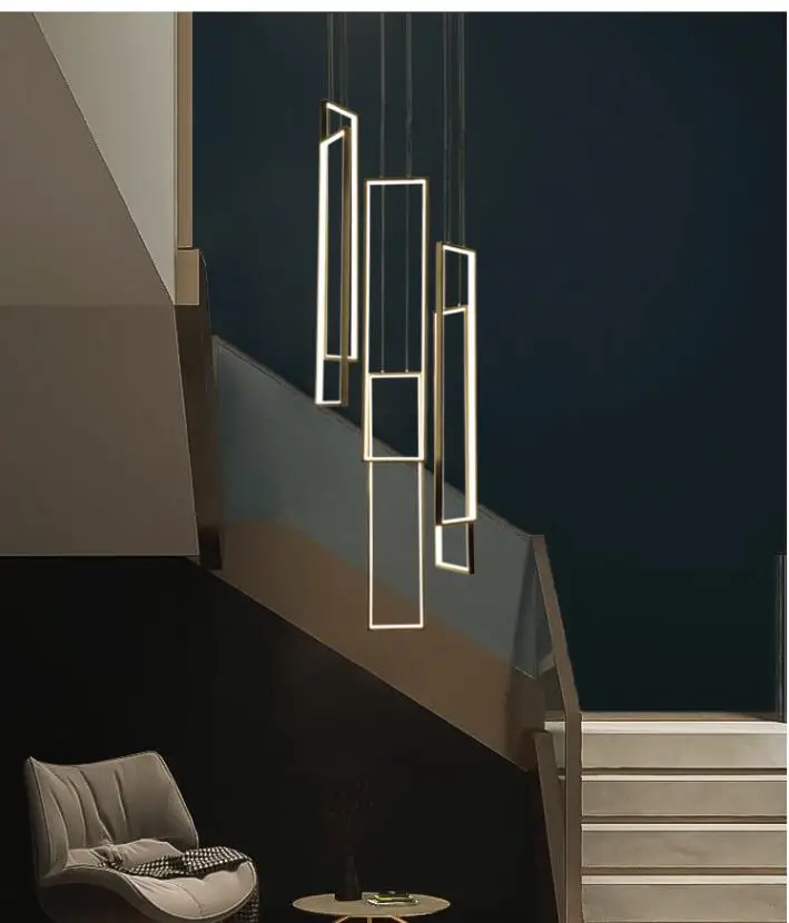 Large Stairs Chandelier High Ceiling Adjustable Black Rectangle Chandelier Lighting Fixture Hanging Modern Pendant Light