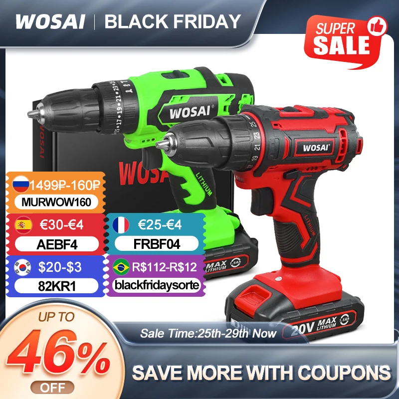 Electrical Instruments Wosai-12v, 16V and 20V wireless drill, micro power controller, 25 + torque setting, lithium ion batteryE