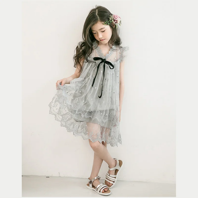 Products Girls Summer Design Latest Sleeveless Lace Flower Gauze Veil Pendulum Butterfly Ribbon Decoration Dresses