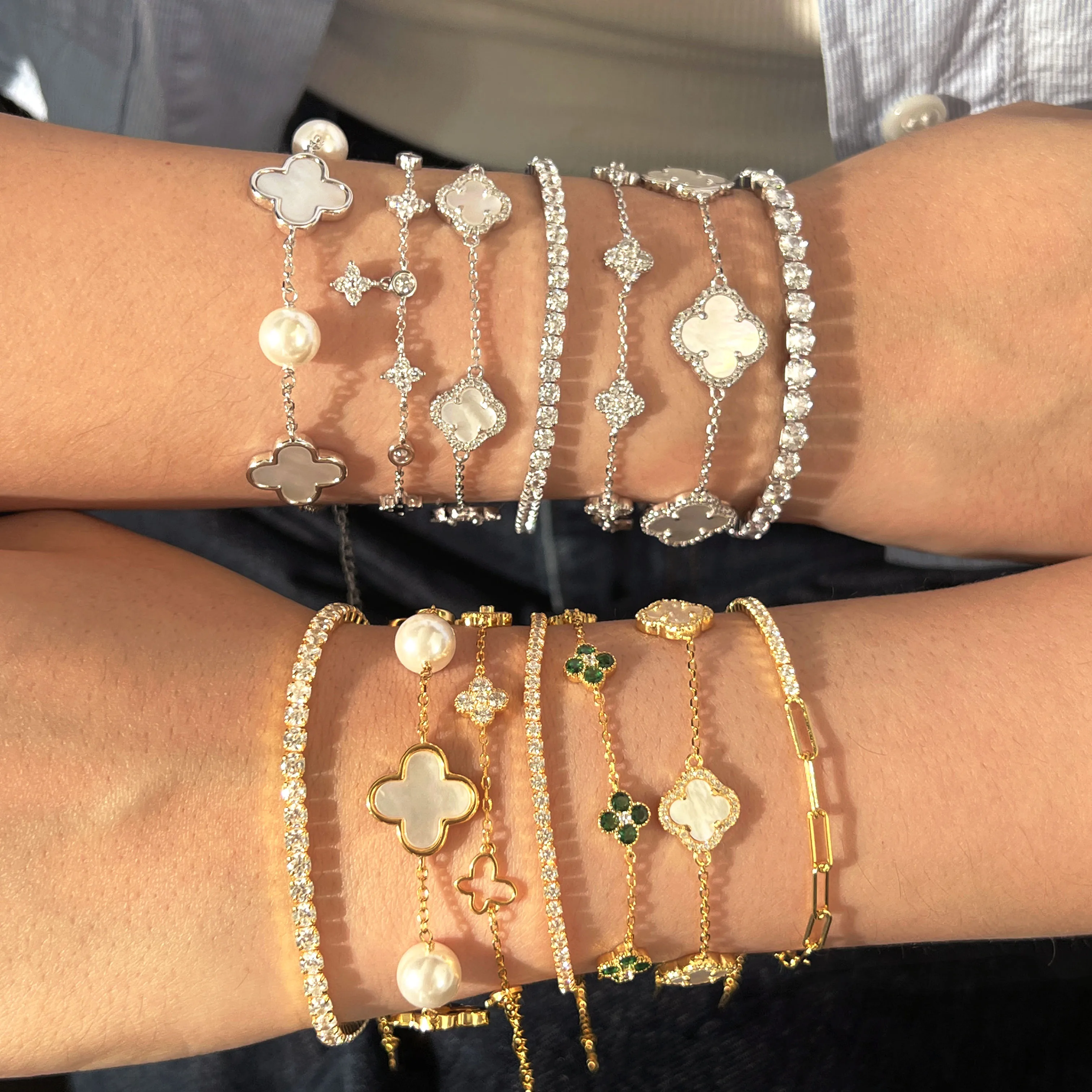 Vintage Custom 5A CZ S925 Silver Jewelry Set Onyx Chain Tennis Bracelet Women 18K Gold Four Leaf Clover Bracelets For Femme Men