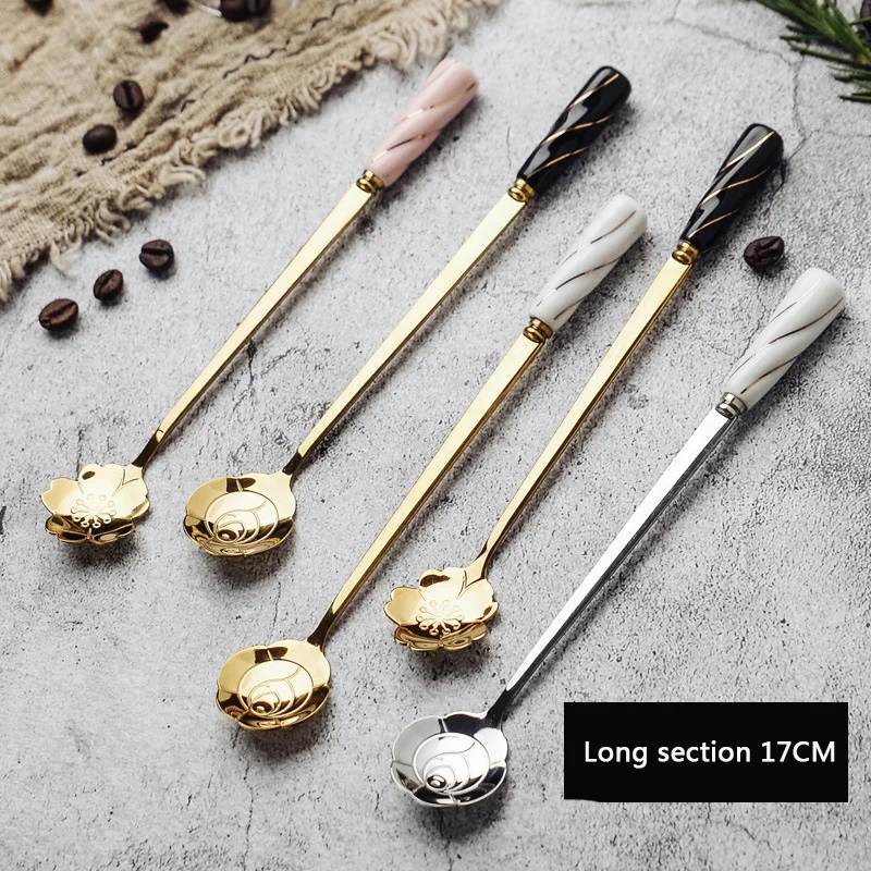 Household Japanese Sakura Ceramic Handle Spoon Golden Coffee Spoon Small Exquisite Long Handle Petal Dessert Mixing Spoon