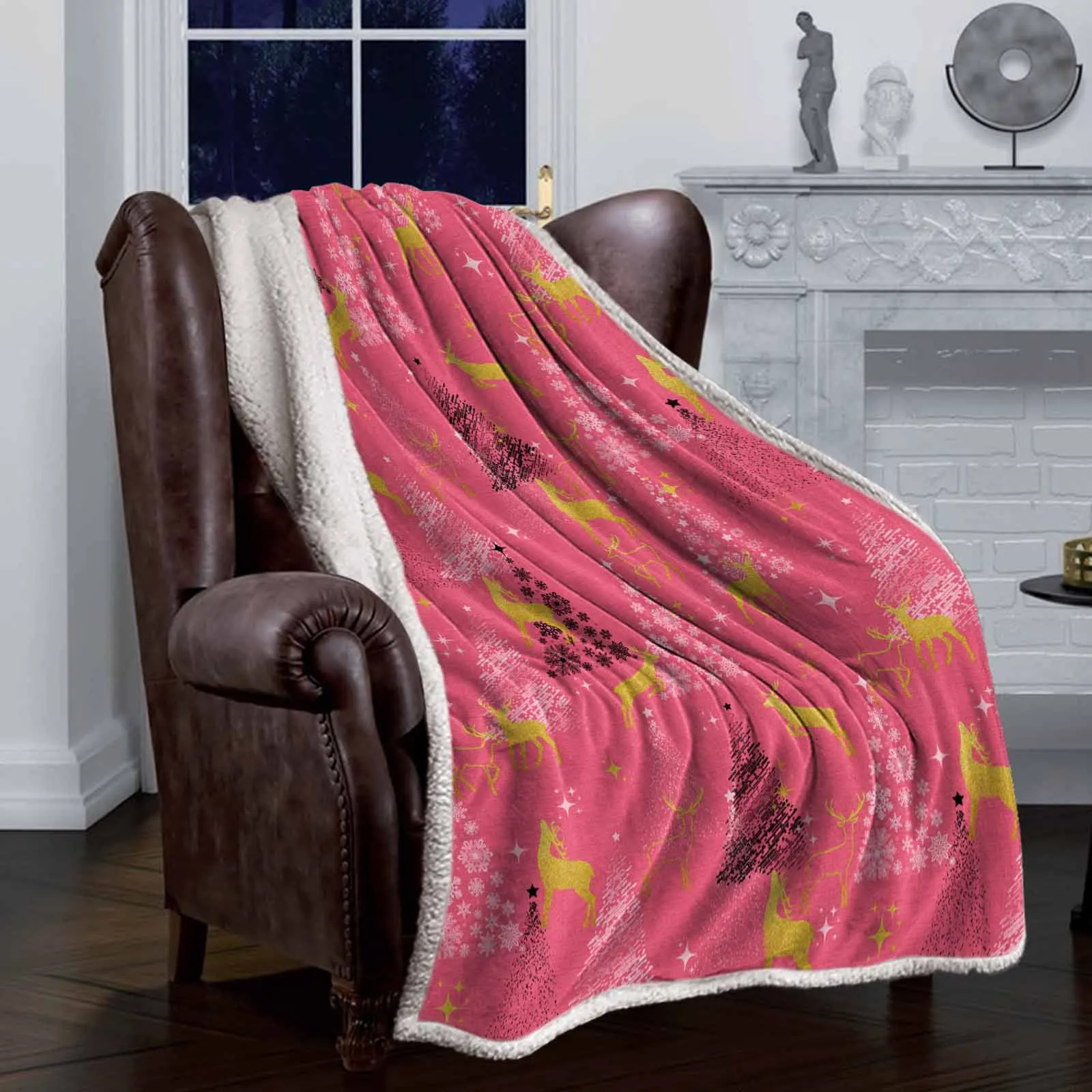 New Year Gift Christmas Elk Deer Design Soft Warm Fleece Blanket Double Layer King Size Flannel Sherpa Blanket For Bed