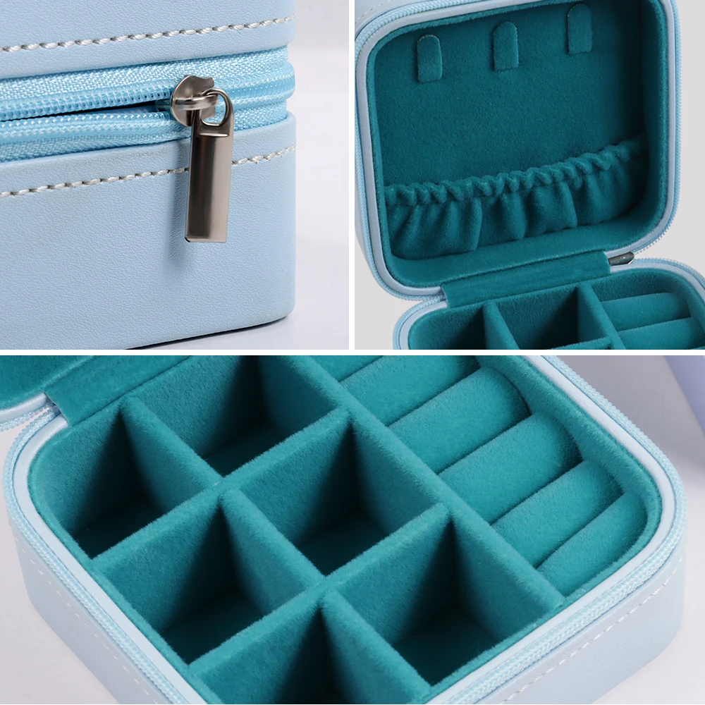 Olai PU Leather Rhombic Sewing Travel Ring Earring Pendant Jewelry Box Accessories Storage Zipper Gift Box