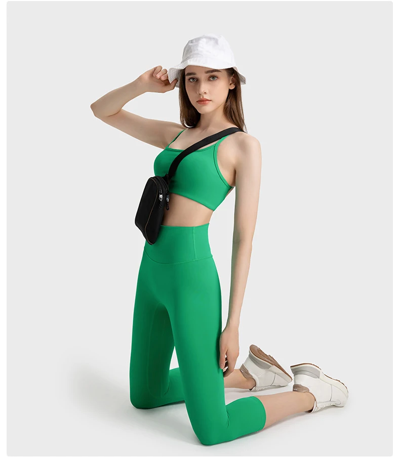 strap cross back nylon elastic fitness bras top legging without T line 3/4 fitness pants 2 pieces gym set women workout clothes