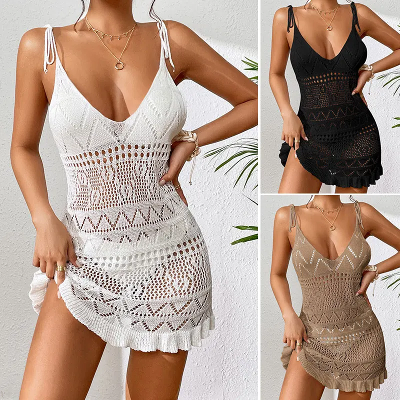 2024 Spring Summer Fashion Custom Beach Clothes Crochet Hollow Long Knitted Beach Cover Up Crochet Dress