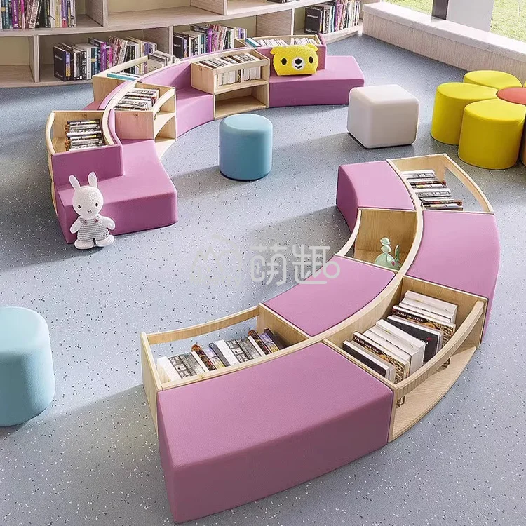 Moetry Wooden Curved Reading Bench School Bookshelf Modern Library Bookcase For Children Youth Library Literacy Center