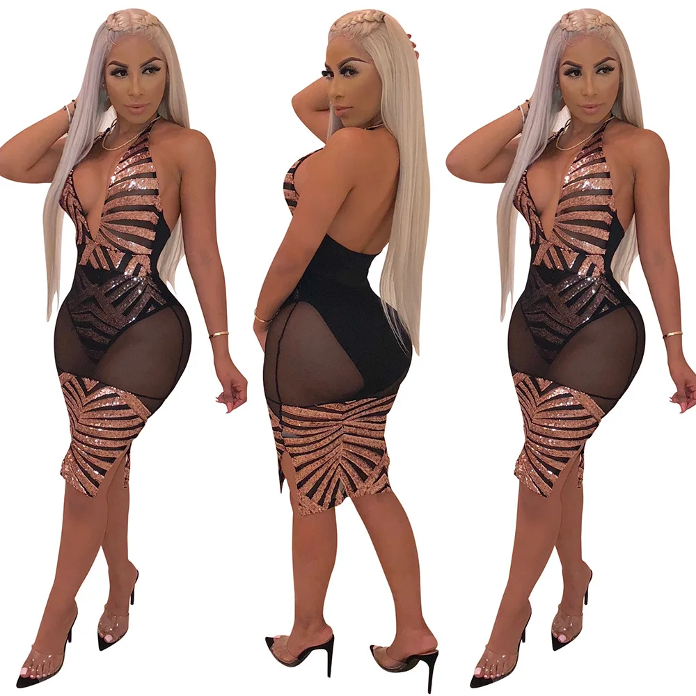 YH 2019 deep V night party sexy women clothing bandage sleeveless mesh nightclub sequin dress