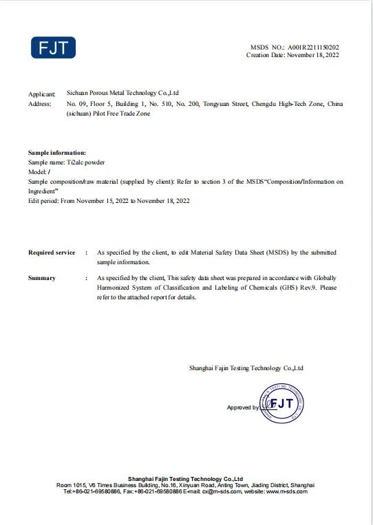 Maximum phase ceramic material Ti2AlC powder MSDS certificate Titanium carbide aluminum powder