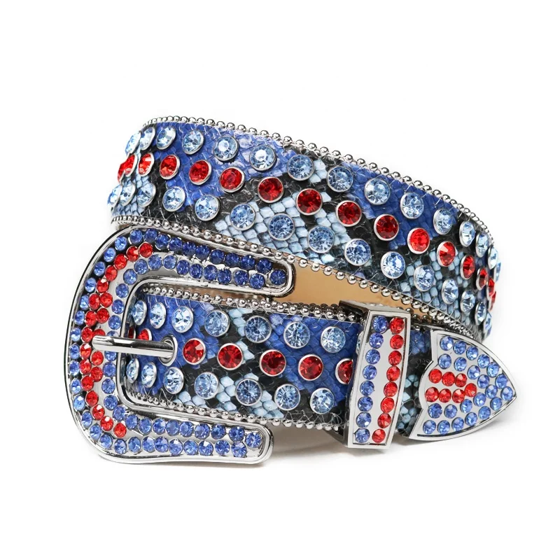 New Western Bling Bling Snake Skin Leather Rhinestone Belts Fashion Men Shiny Blue&Red Diamond Crystal Waist Belt Vendor