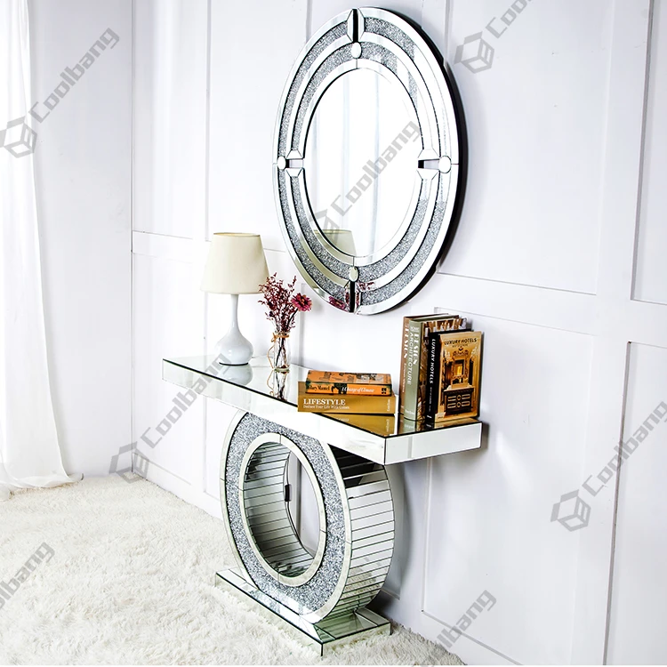 Coolbang Hallway Modern Crushed Diamond Mirrored Console Table With Mirror