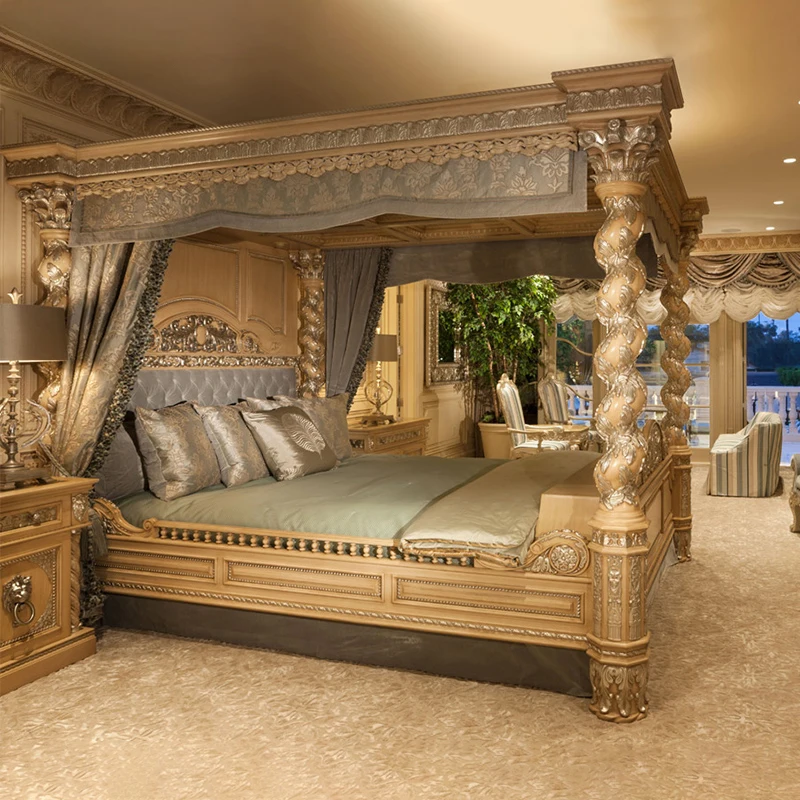 Antique Style Four Pillars Carving Large Luxury King Double Bed Bedroom Furniture Set Royal Palace Wood Pillars Bed