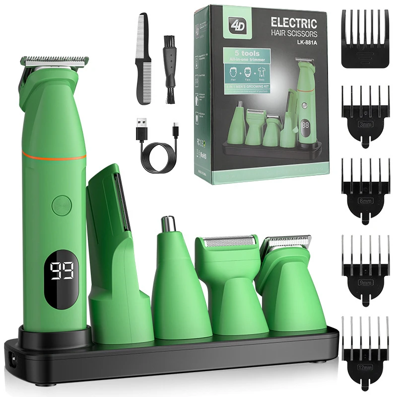 Suttik LK-881A Green IPX6 Waterproof  Multifunction Razor Grooming Kit Beard Shaver Nose Body Hair Trimmer 5 in 1 for Men