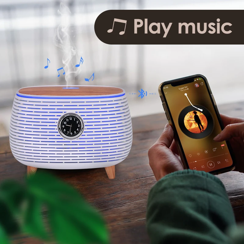 400ML Portable Smart Cool Mist Music Humidifier Aromatherapy Essential Oil Wooden Grain Diffusers with Music Speaker and Clock