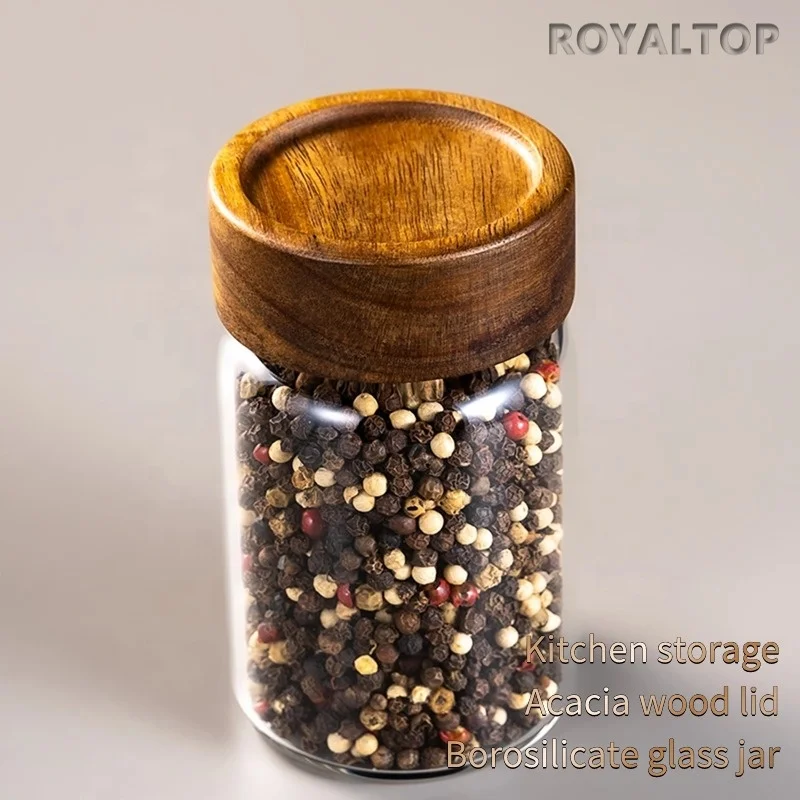 kitchen food canister container 180ml 500ml 1750ml airtight acacia wood lid borosilicate glass storage jars with custom logo