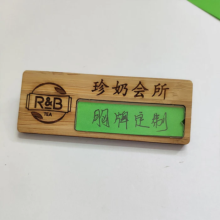Small MOQ Custom Print Engraved Wooden Name Tag Badge for Office Worker