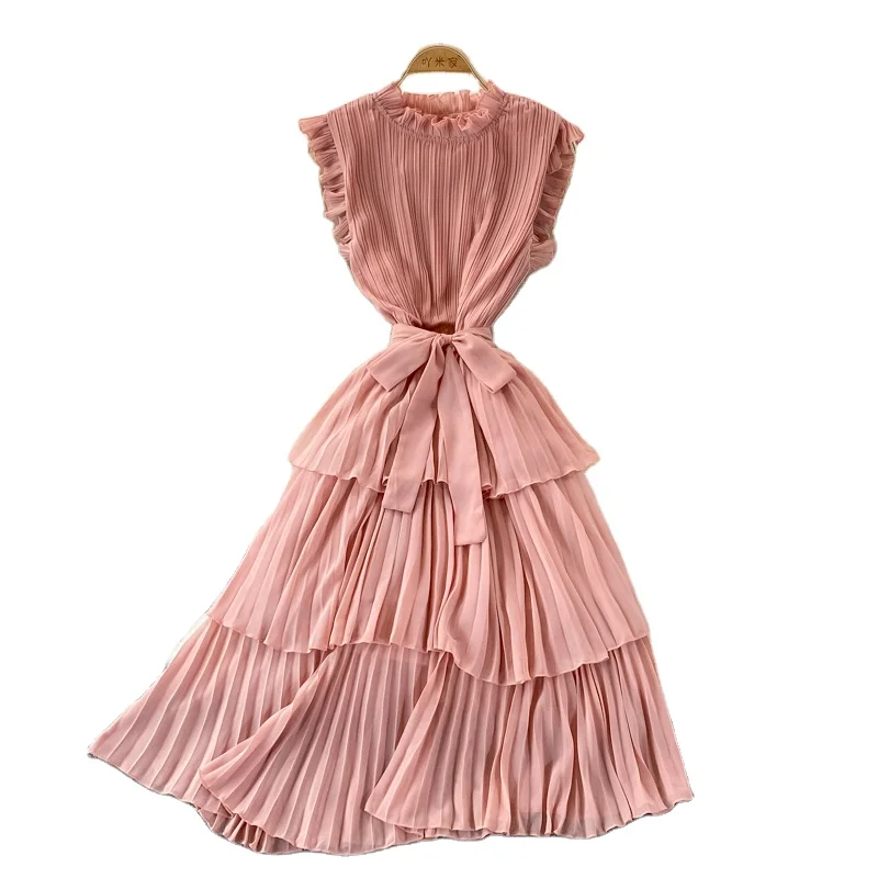summer new Korean style dress temperament slim mid-length cake dress solid color stand collar pleated dress