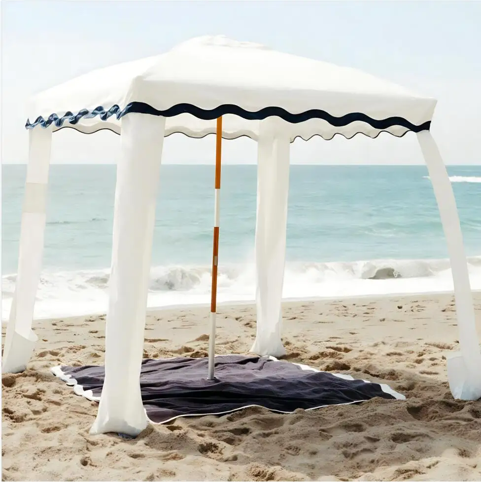 BR Custom Wholesale Outdoor UV50+ Luxury Wood Pole Beach Cabana Tent with Fringe Tassels, 6ft Premium Canvas Sun Shade Umbrella