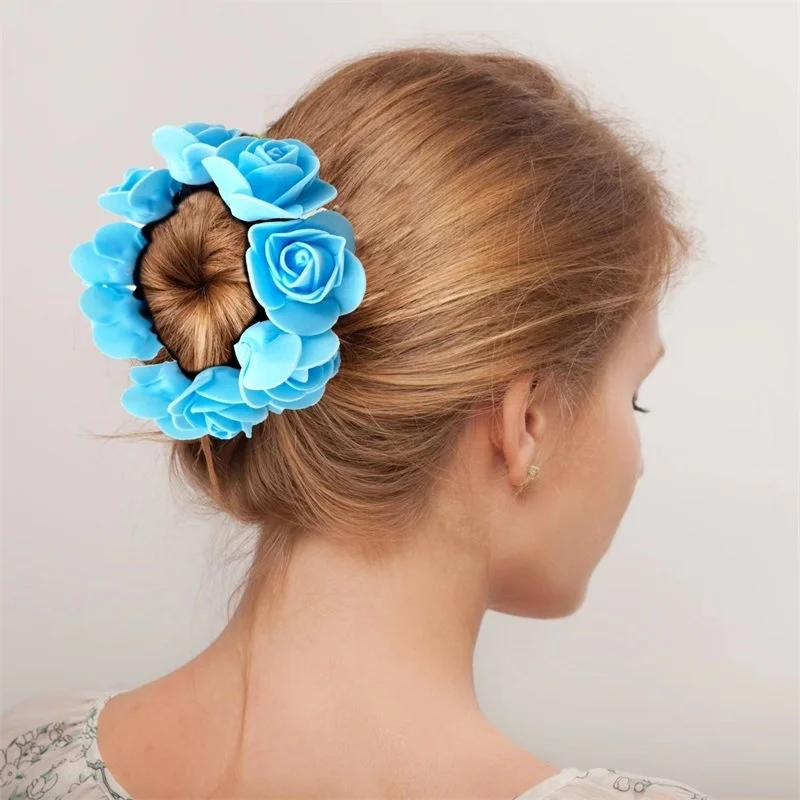 HZM-60770  Colorful Handmade Rose Flower Hair Ties Ponytail Holder Band for Women Wedding Bridal Party Hairstyles Decoration
