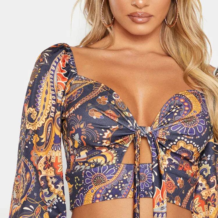 Fashion Custom Women Blouses Shirts Off Shoulder Puff Long Sleeve Crop Top Femme Floral Print crop Tops For Women