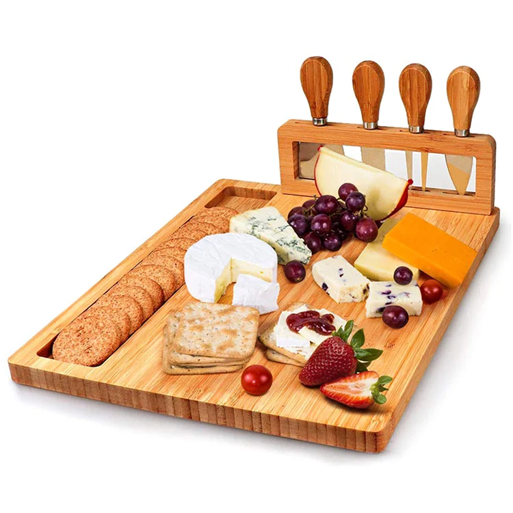 Natural Bamboo Unique Charcuterie Platter Bamboo Cheese Board Charcuterie Board and Cutlery Set