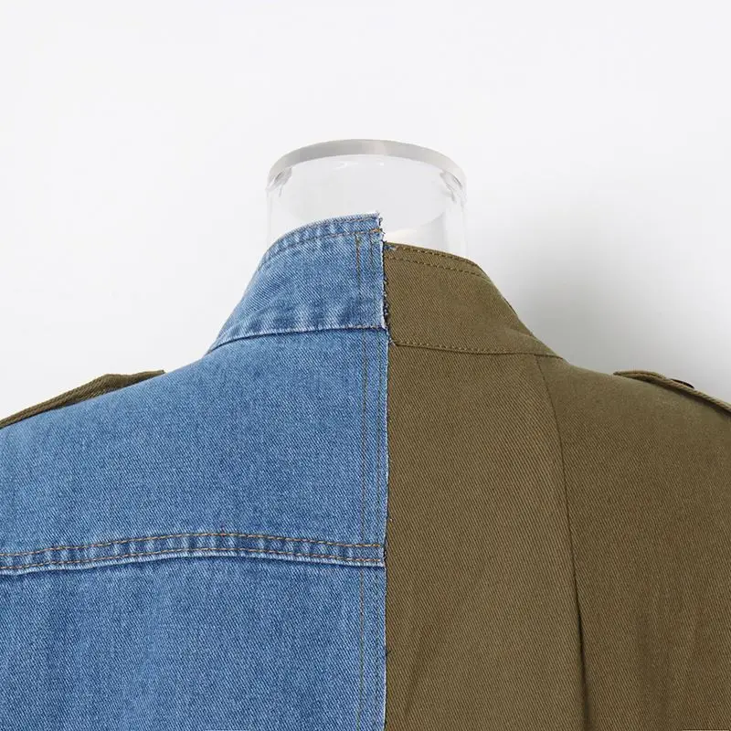 2023 Fall Streetwear Jackets Fashion Contrast Color Patchwork Acid Wash Lapel Women Denim Jacket