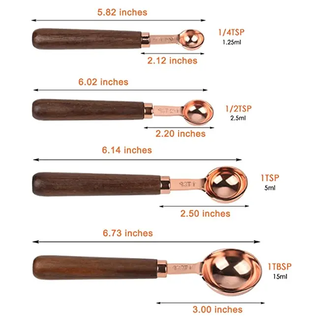 4 pieces wooden handle Coffee stainless steel copper plated measuring spoons With Wooden Handle