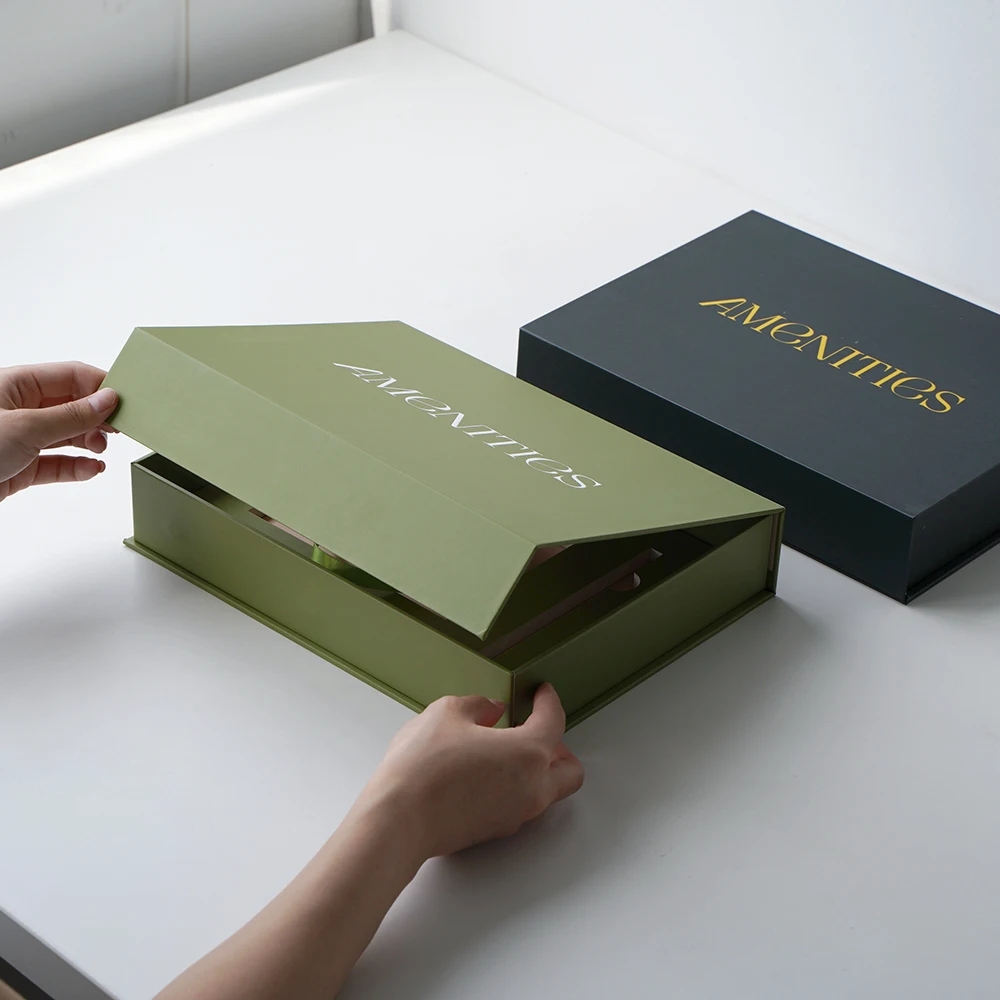 Wholesale Custom Packaging Boxes Paperboard Notebook Green Black Magnetic Gift Box with Ribbon