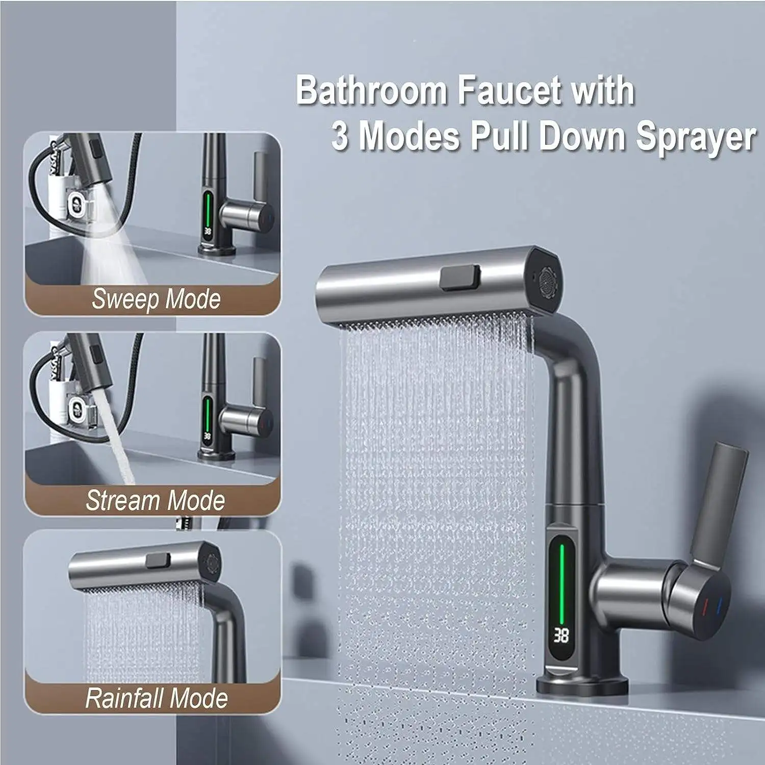 Modern Smart Intelligent Waterfall Mixer Tap 3 way pull out faucet Extend High cupc flexible pull out basin sink faucet