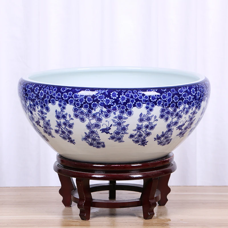 Jingdezhen Porcelain Pot Blue White Ceramic Flowerpot Bowl Living Room Decoration Featuring Lotus Grass Green Pork