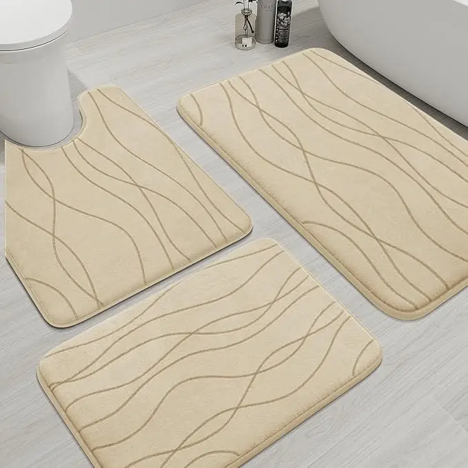 Factory Sale Thick Cushioned Coral Velvet Bath Mat 3 Pieces Super Absorbent Memory Foam Bathroom Rug Set