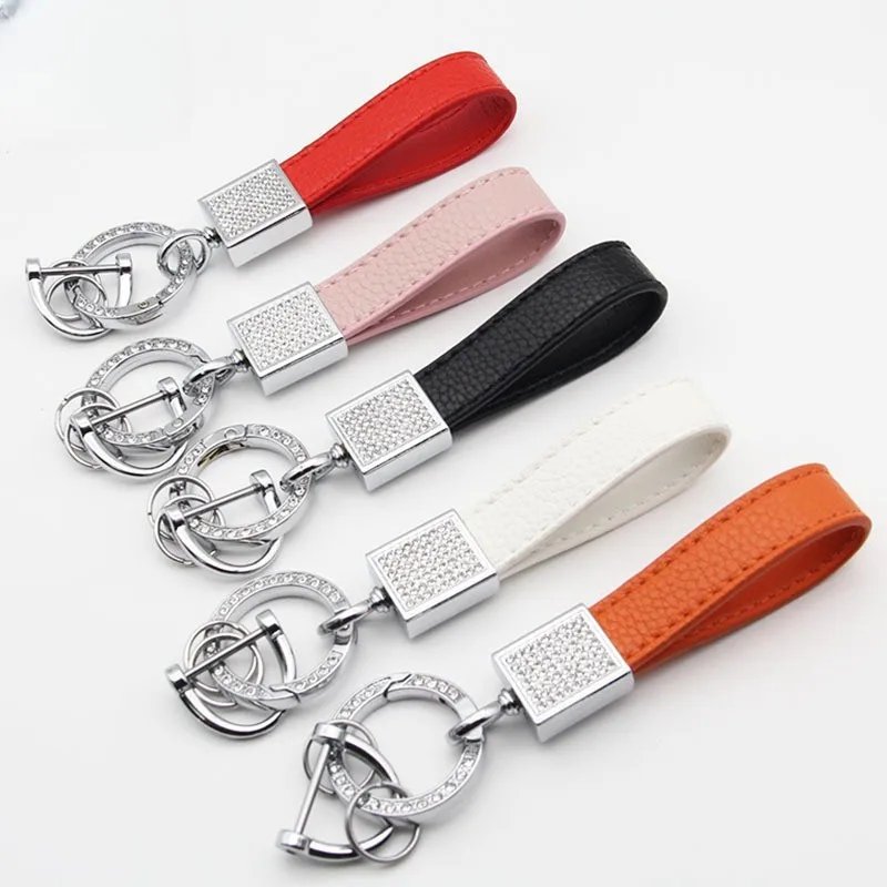 Hot Genuine Leather Car Keychain Rhinestone Sheepskin Key chains for Women Universal Key Fob Holder with 360 Degree Rotatable