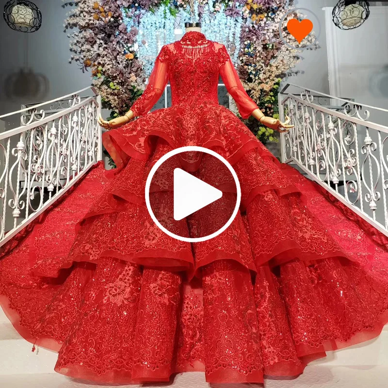 HTL886 Jancember real luxurious high neck long sleeves pleat red high quality luxury dress