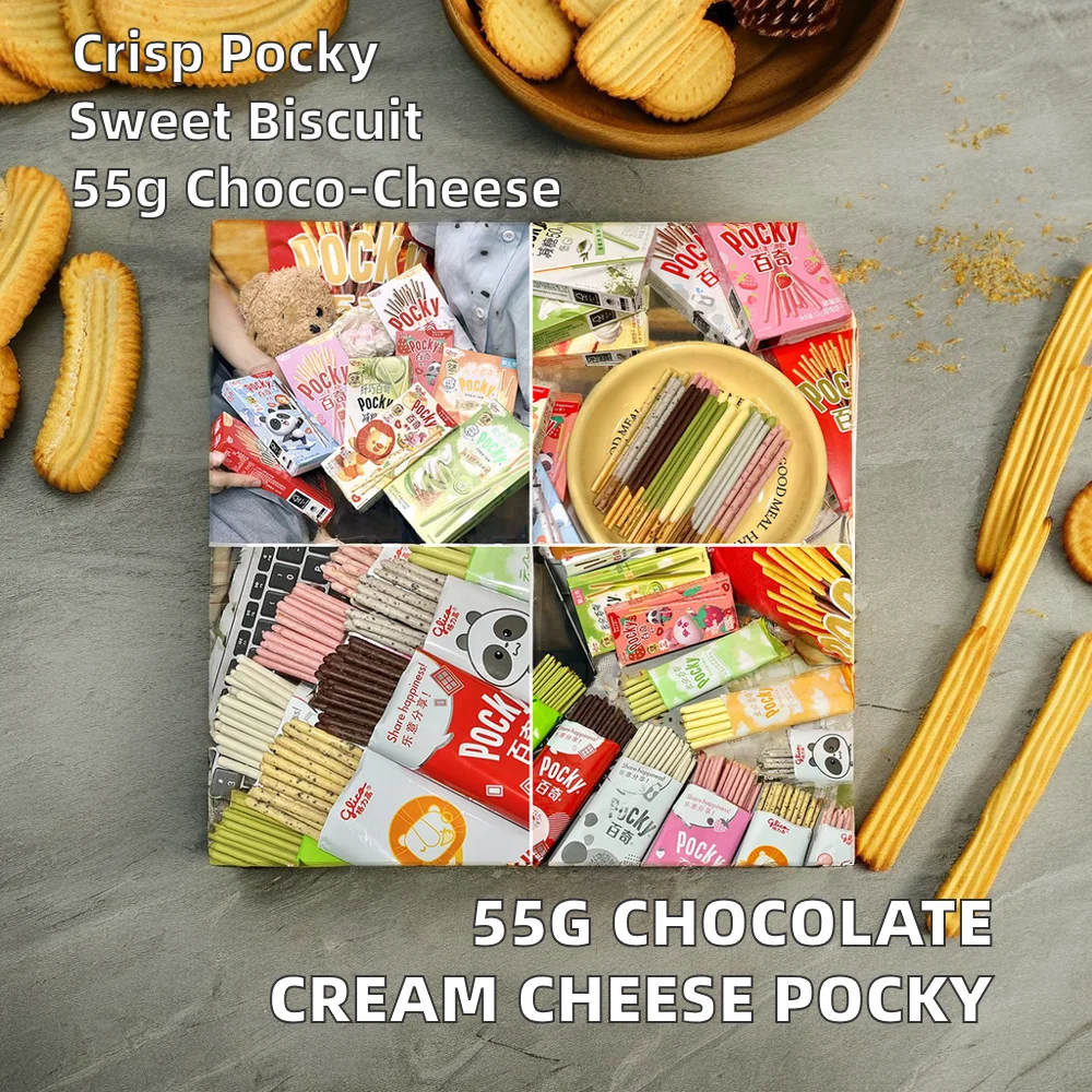 Wholesale Pocky Sticks 55g Biscuits Crispy Chocolate-Coated Cookies Cream Cheese Flavor Fruit Pattern Bar Design Box Packaging