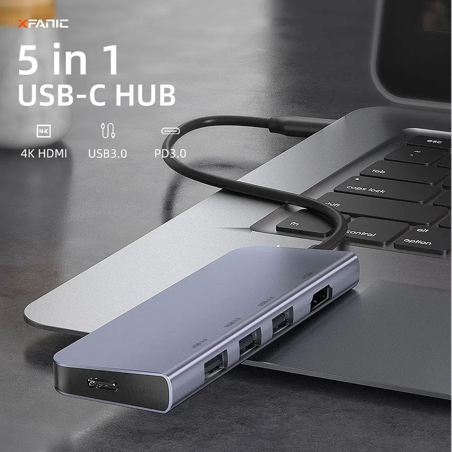 XFANIC алюминиевый Портативный адаптер 5 в 1 OTG Type-C USB 3,0 4k @ 30hz видео конвертер USB Type-C концентратор