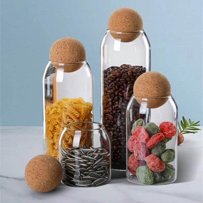 Round Ball Cork Lead-Free Glass Storage Jar with Lid  Transparent Jar Flower Tea Leaf Kitchen Use Party Applicable