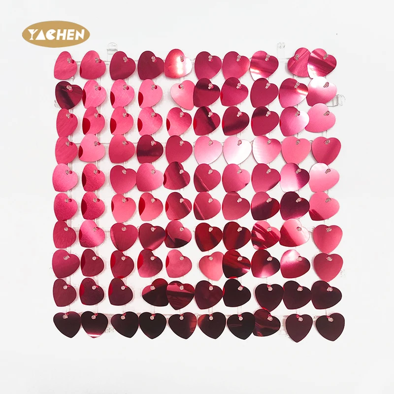 Yachen high quality wedding event backdrop decorations 30*30cm red heart transparent shimmer sequin wall panel background