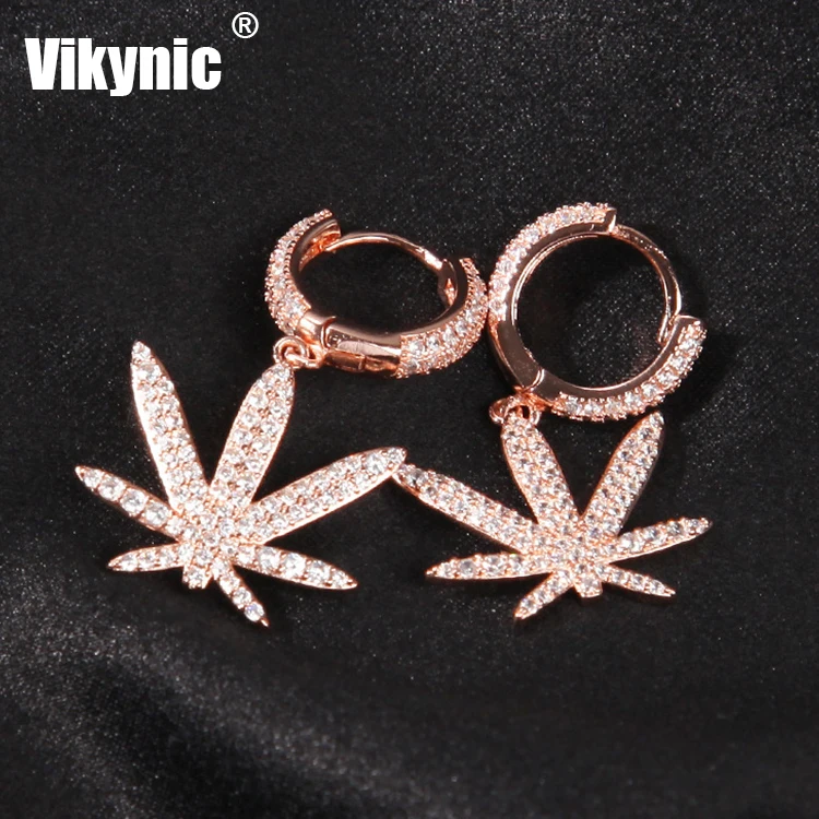 Hot Sale New Full Diamond Hip Hop Piercing jewelry 18k gold plating iced zircon maple leaf earrings