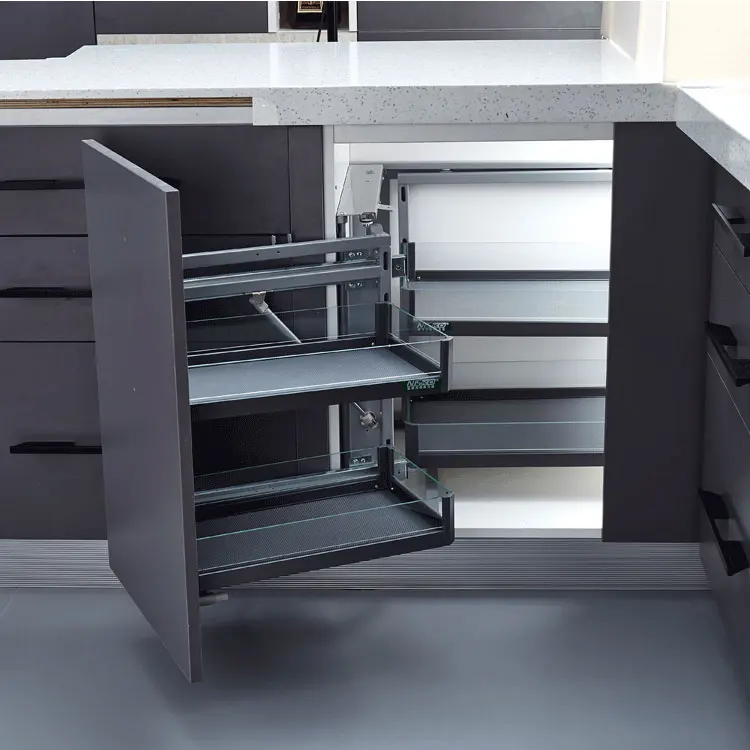 Full pull-out magic corner baskets  with soft closing slides Glass hanging baskets