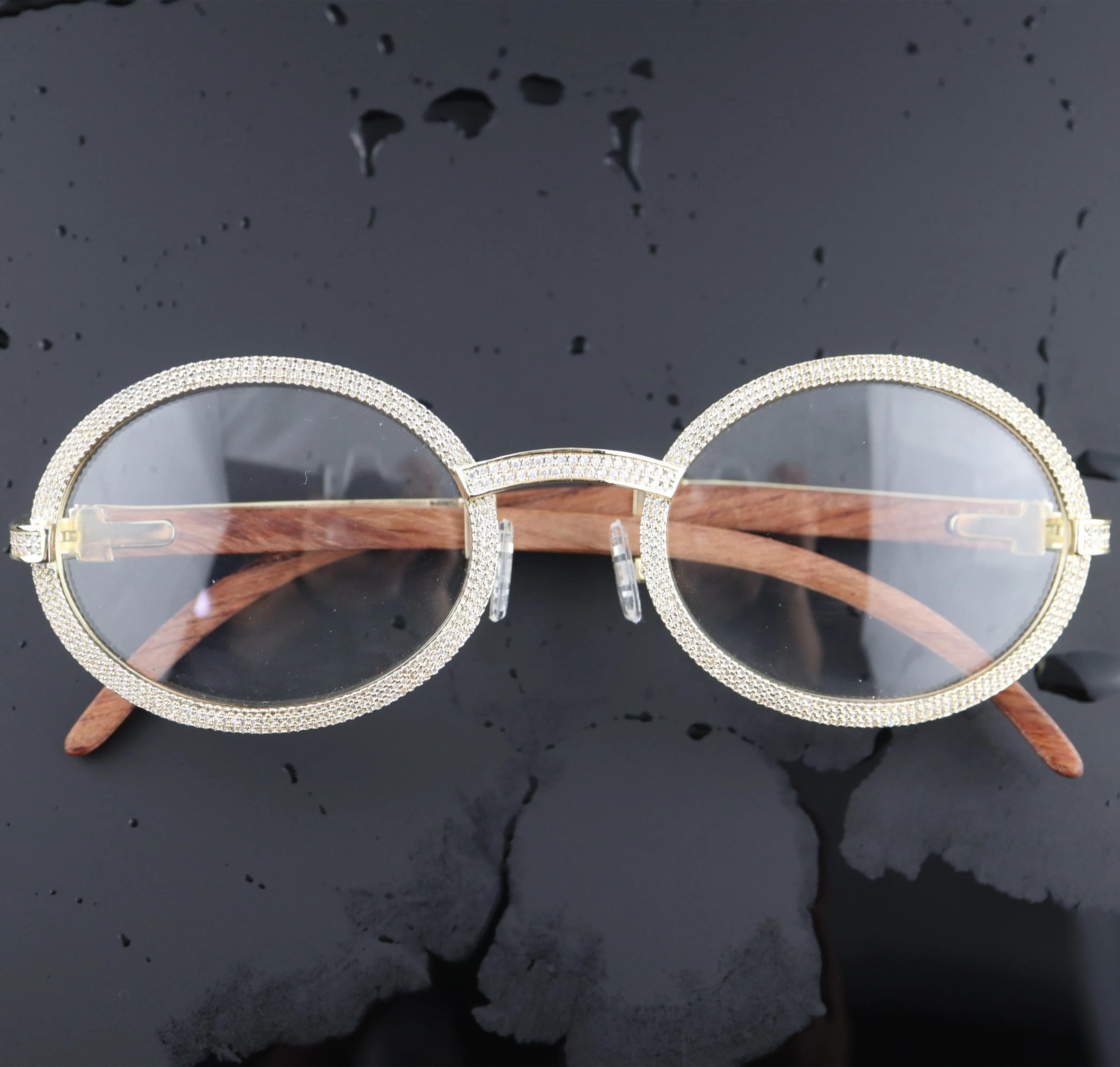 
high quality diamond iced out hip hop wooden legs glasses 