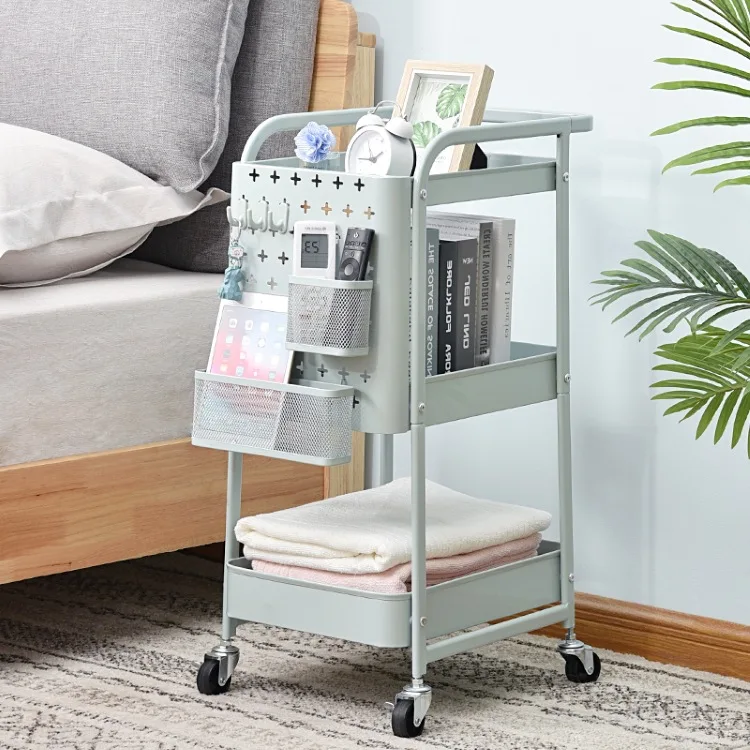 Fashion Style Pegboard Storage Utility Cart Groceries & Tool 3 Tier Metal Rolling Utility Storage Rack with 4 Swivel Wheels