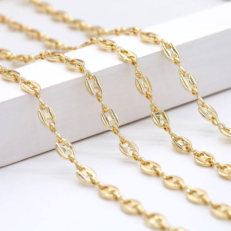 
High Quality Brass Roll Chain 14K Gold Plated Coffee Bean Pig Nose Chain roll Hip Hop link chain for jewelry DIY 