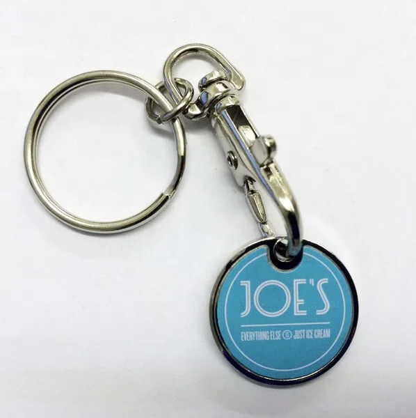 Custom Logo Round Supermarket Metal Shopping Cart Pound Key Chain Keychain Trolley Coin
