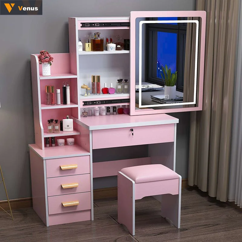 Durable Modern Light Up European Drawers Storage Dressers Nordic White Vanity Makeup Dressing Table With Mirror Lock And Stool